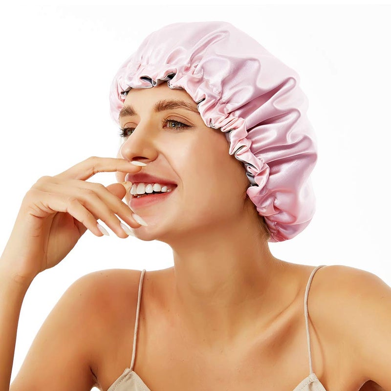 ELIHAIR Night Sleep Satin Cap for Women Girls Natural Hair Extra Large Bonnet Cover Double Side Satin Cap Pink/Silvery Grey - Image 2